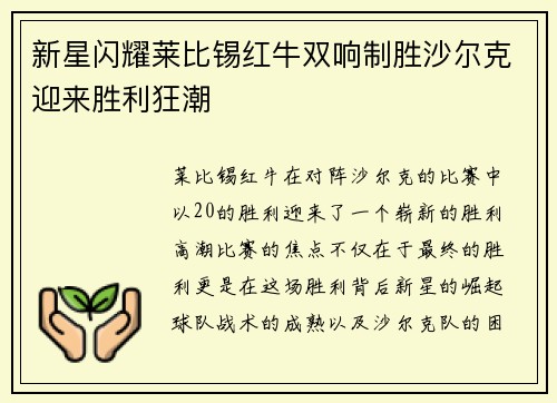 新星闪耀莱比锡红牛双响制胜沙尔克迎来胜利狂潮