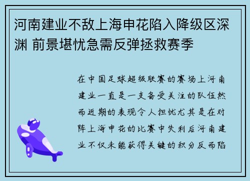 河南建业不敌上海申花陷入降级区深渊 前景堪忧急需反弹拯救赛季