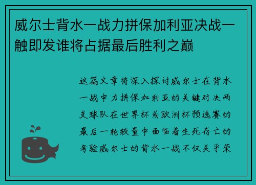 威尔士背水一战力拼保加利亚决战一触即发谁将占据最后胜利之巅