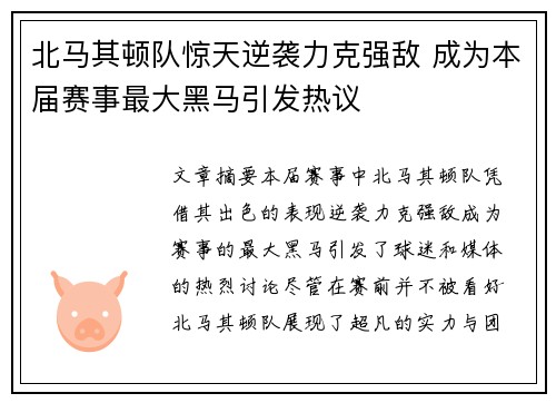 北马其顿队惊天逆袭力克强敌 成为本届赛事最大黑马引发热议