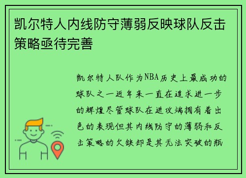 凯尔特人内线防守薄弱反映球队反击策略亟待完善